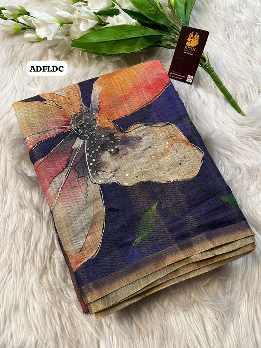 Linen chanderi saree with floral designs chumkey work and thread embroidery work  Colourful blouse🥳