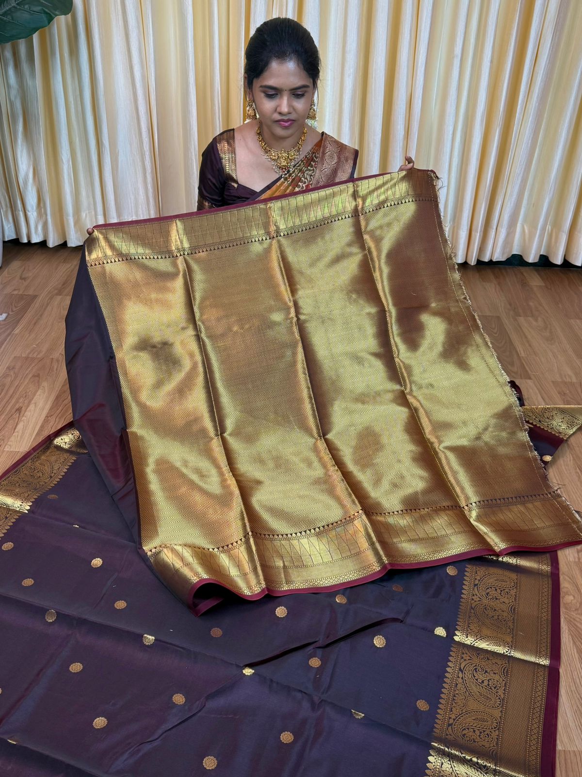 Semi soft silk saree with thousand buttas. Dark chocolate brown color🥳