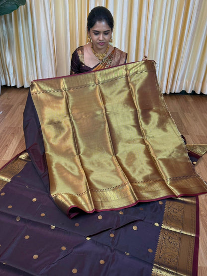 Semi soft silk saree with thousand buttas. Dark chocolate brown color🥳