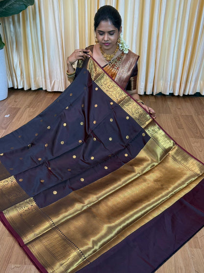 Semi soft silk saree with thousand buttas. Dark chocolate brown color🥳