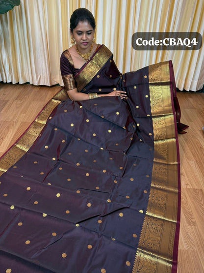 Semi soft silk saree with thousand buttas. Dark chocolate brown color🥳