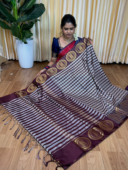 Semi Silk saree with checked pattern 🌈🥰😎📚