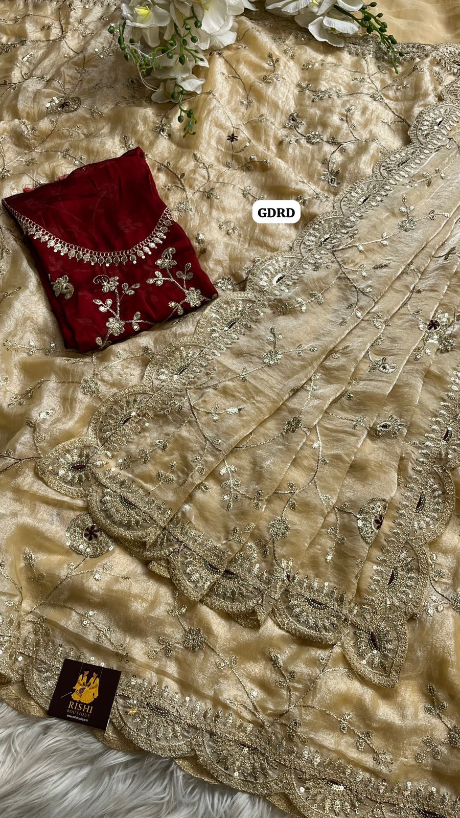 Soft Space silk gold zari floral design embroidery & sequence work with scalloped cutwork border🎁prebook