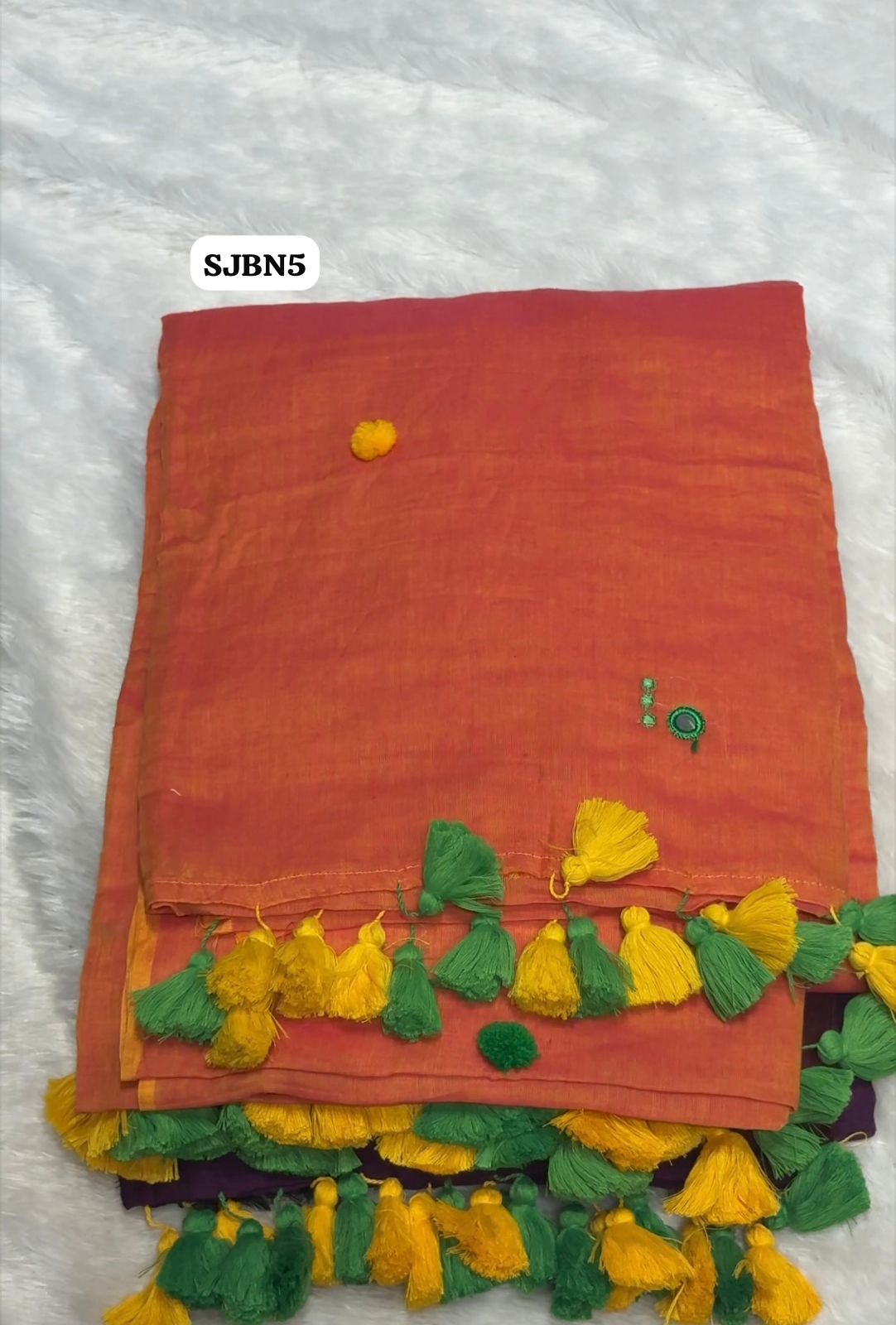 Mul cotton saree with mirror with and pompom work on saree. Unique and stylish concept😍