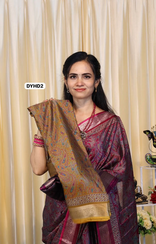 Soft tusser kashmiri printed saree with rich pallu & golden border🥳