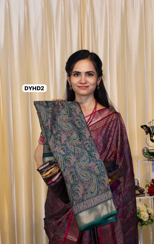 Soft tusser kashmiri printed saree with rich pallu & golden border🥳