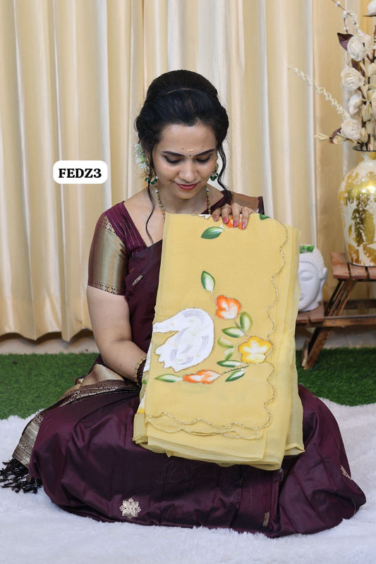 Pure chiffon saree with complete floral work hand paint and hand work😍🥳
