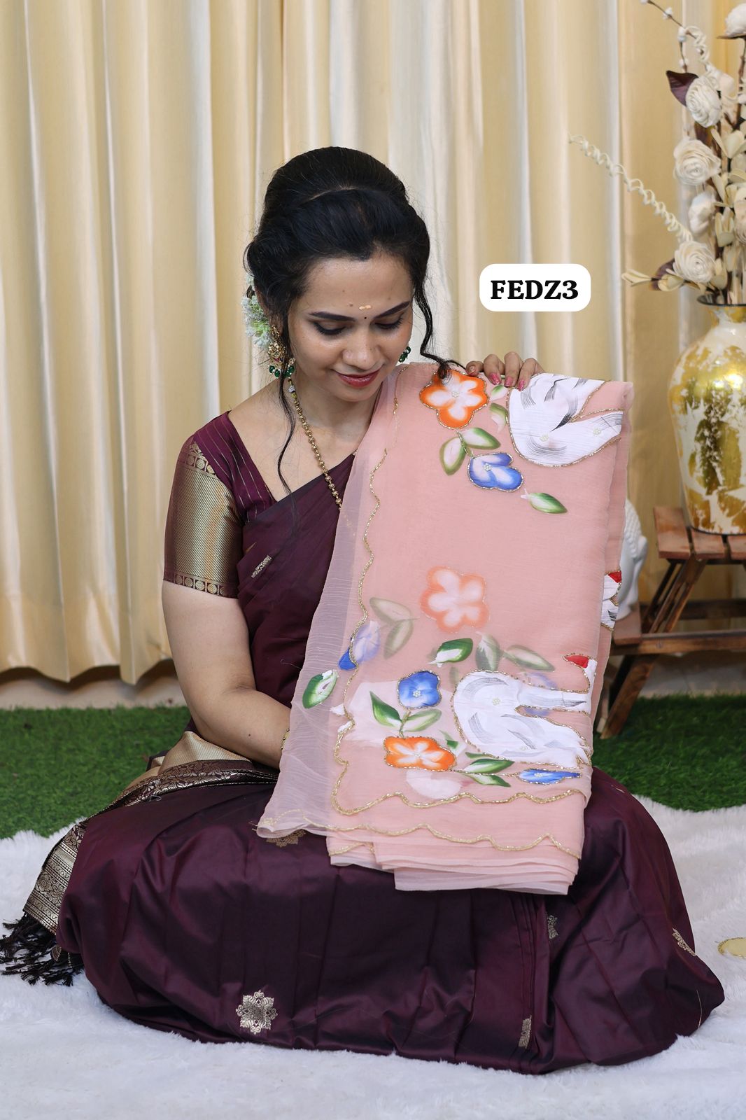 Pure chiffon saree with complete floral work hand paint and hand work 😍🥳