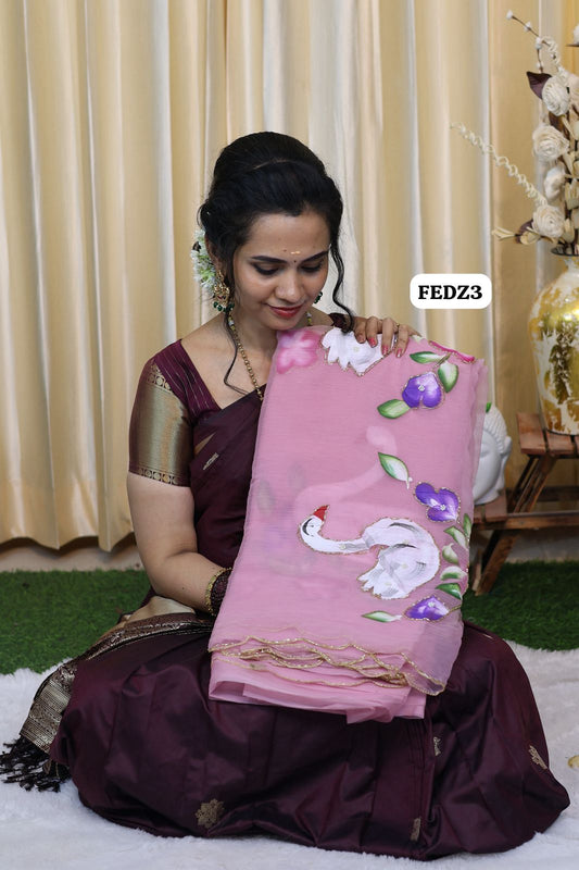 Pure chiffon saree with complete floral work hand paint and hand work 😍🥳