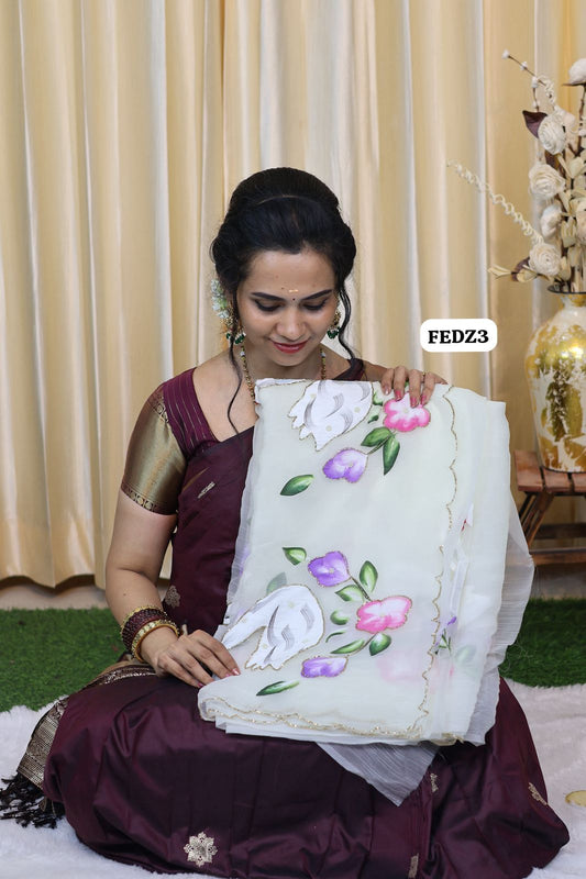 Pure chiffon saree with complete floral work hand paint and hand work 😍🥳