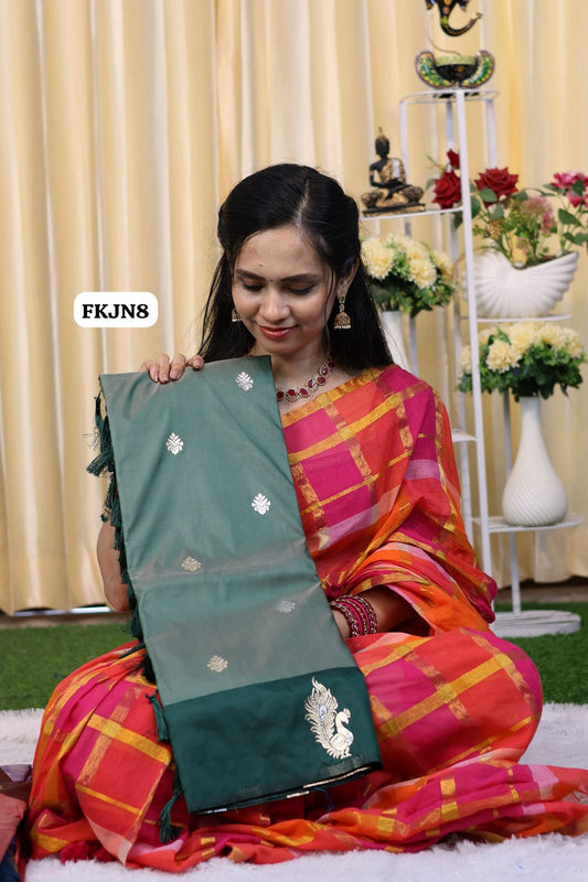 Kanchi Semi sift silk saree with zari weaving pallu and contrast blouse😍🥳