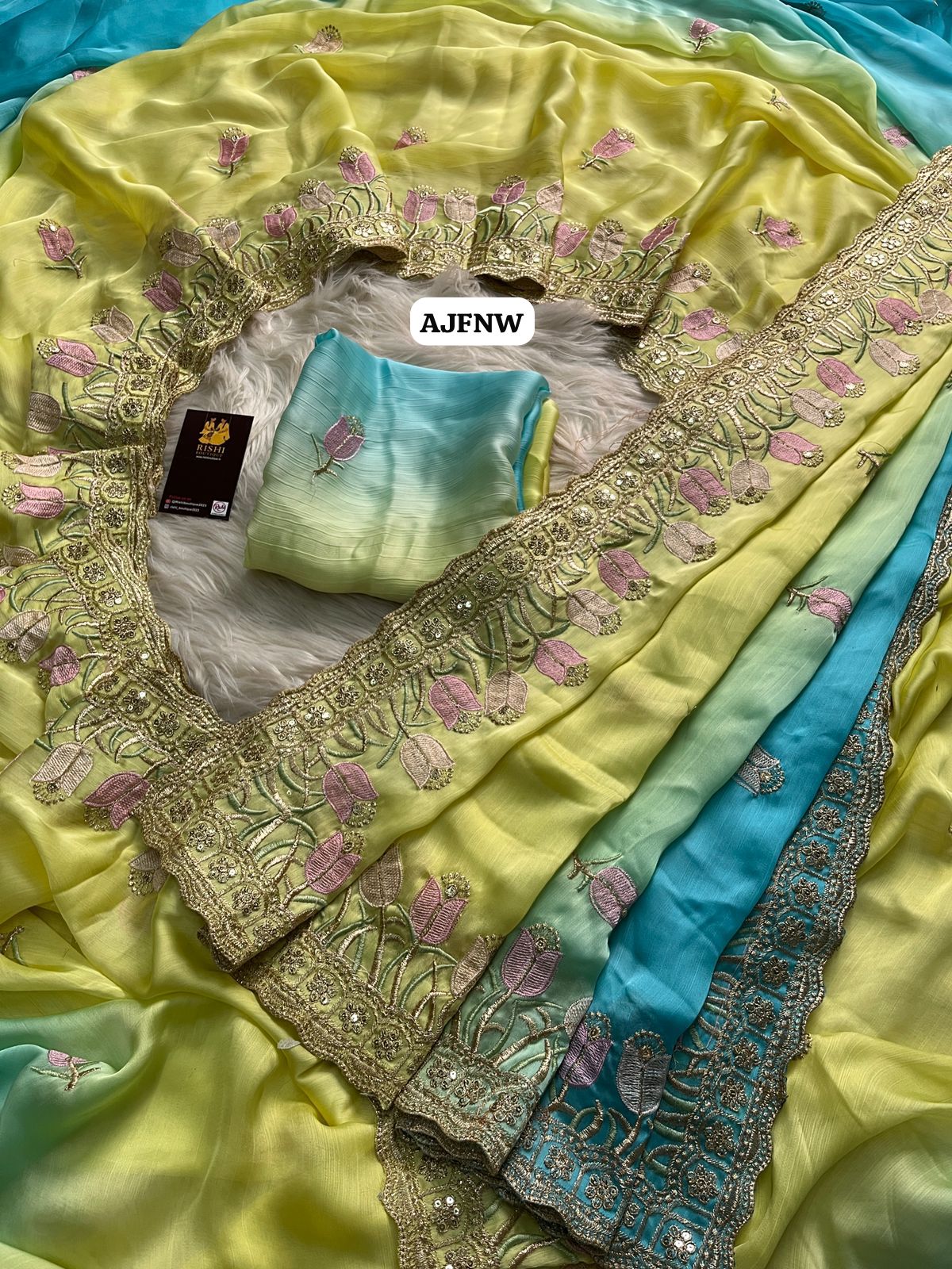 Satin chiffon dual colour shade saree with floral design thread embroidery work with scalloped cutwork border🎁