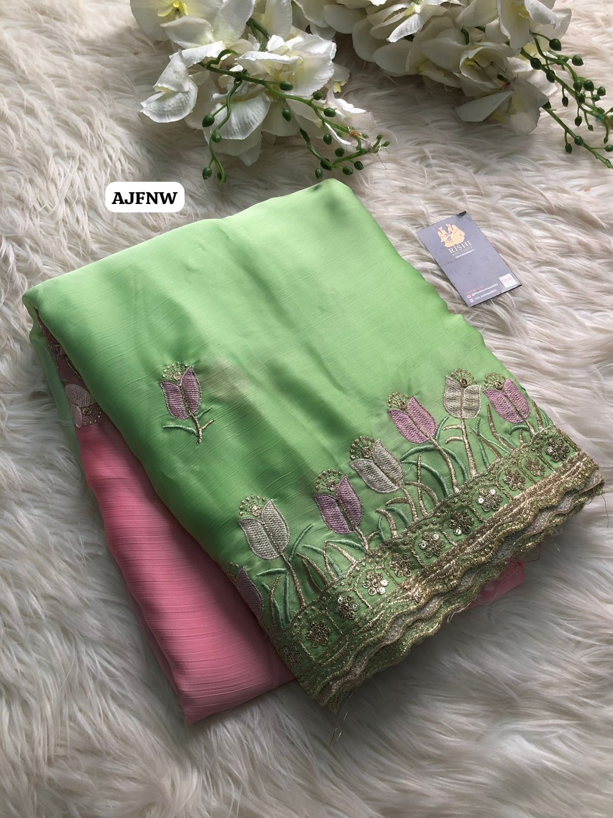 Satin chiffon dual colour shade saree with floral design thread embroidery work with scalloped cutwork border🥳