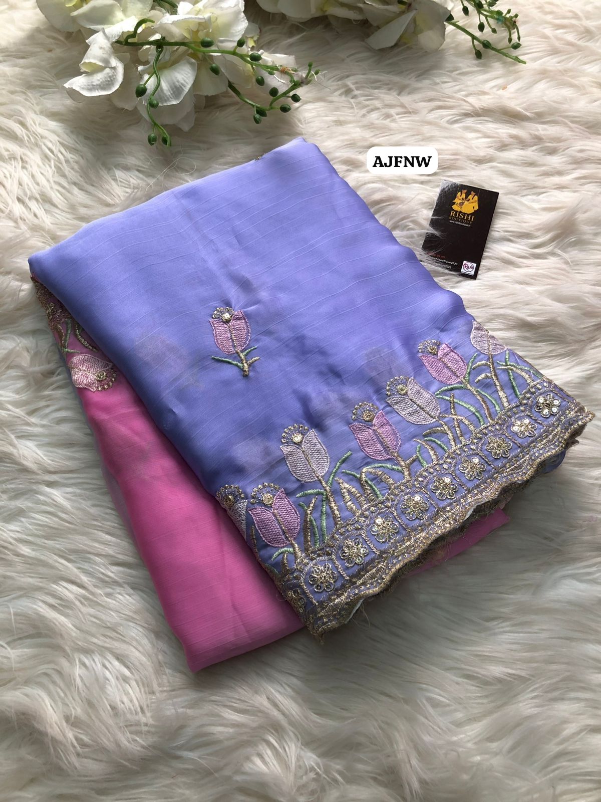 Satin chiffon dual colour shade saree with floral design thread embroidery work with scalloped cutwork border🥳