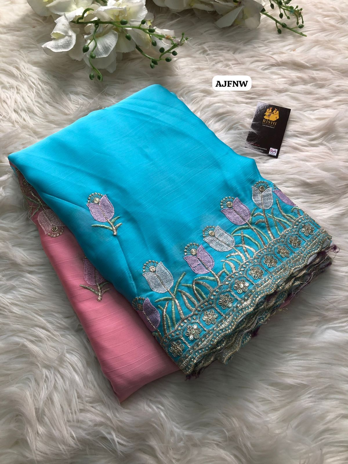 Satin chiffon dual colour shade saree with floral design thread embroidery work with scalloped cutwork border🎁