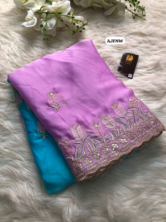 Satin chiffon dual colour shade saree with floral design thread embroidery work with scalloped cutwork border🥳