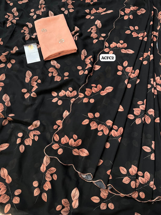 Soft & smooth weightless chiffon floral digital print with contrast embroidery work scalloped border  
Blouse - embroidery & sequence work blouse🥳