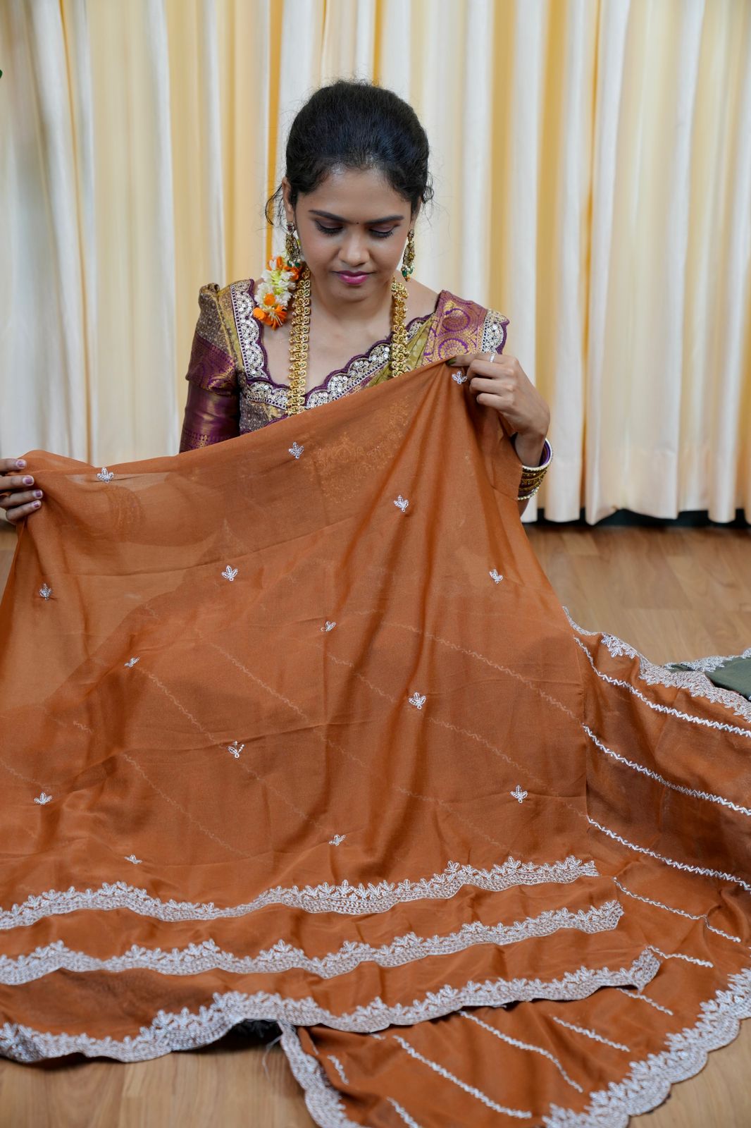 Chinnon saree with Machine works🥰😎