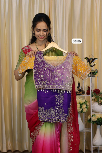 Saree+ stitched blouse Double shade premium space silk saree  Paired with Embrodairy Work Stich Blouse (32-40)Alterable🥳