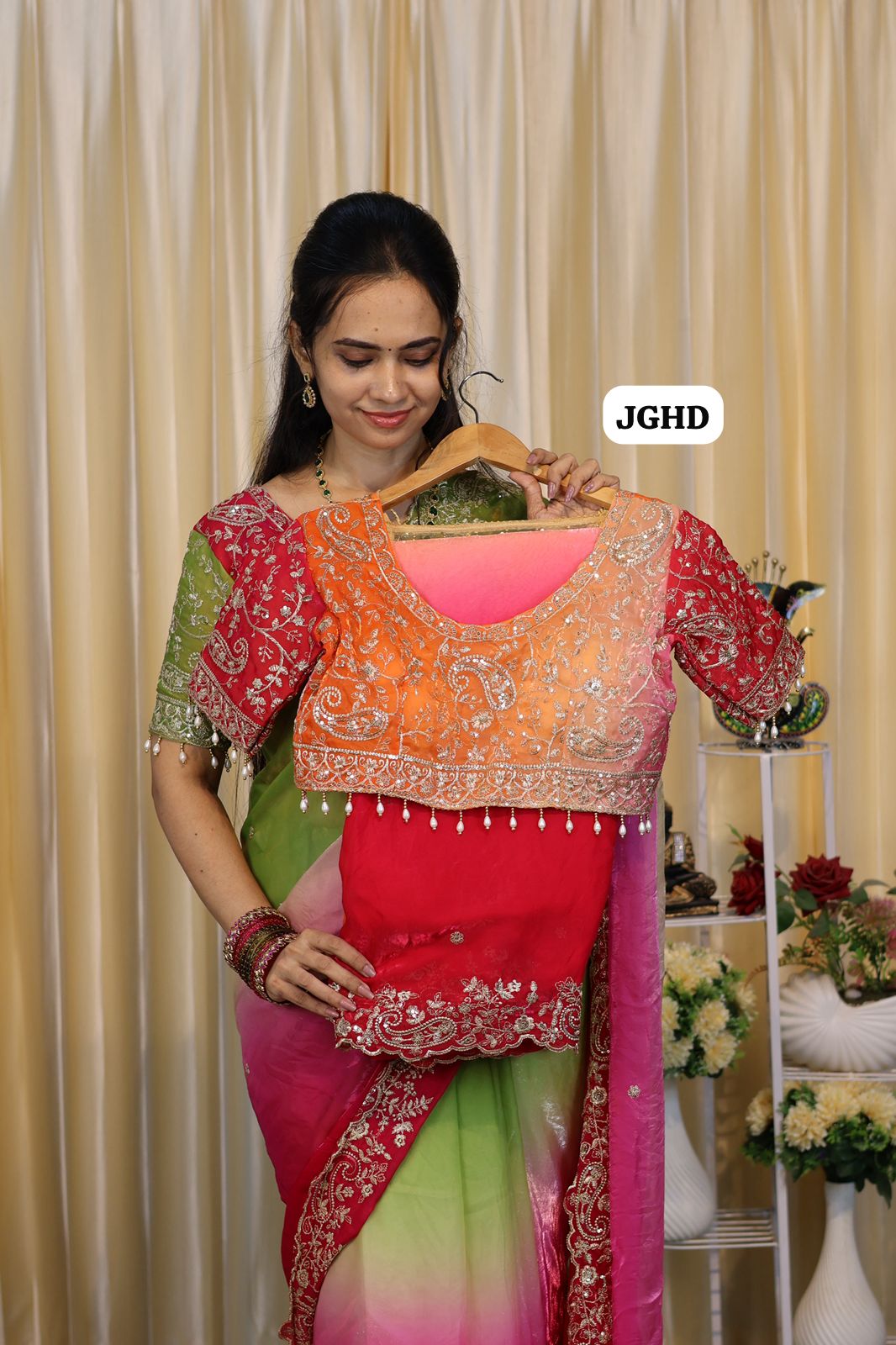 Saree+ stitched blouse Double shade premium space silk saree  Paired with Embrodairy Work Stich Blouse (32-40)Alterable🥳