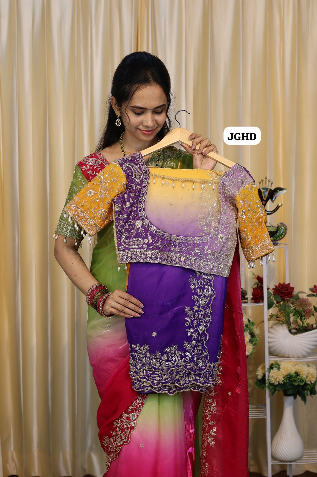 Saree+ stitched blouse Double shade premium space silk saree  Paired with Embrodairy Work Stich Blouse (32-40)Alterable🥳