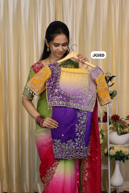 Saree+ stitched blouse Double shade premium space silk saree  Paired with Embrodairy Work Stich Blouse (32-40)Alterable🥳