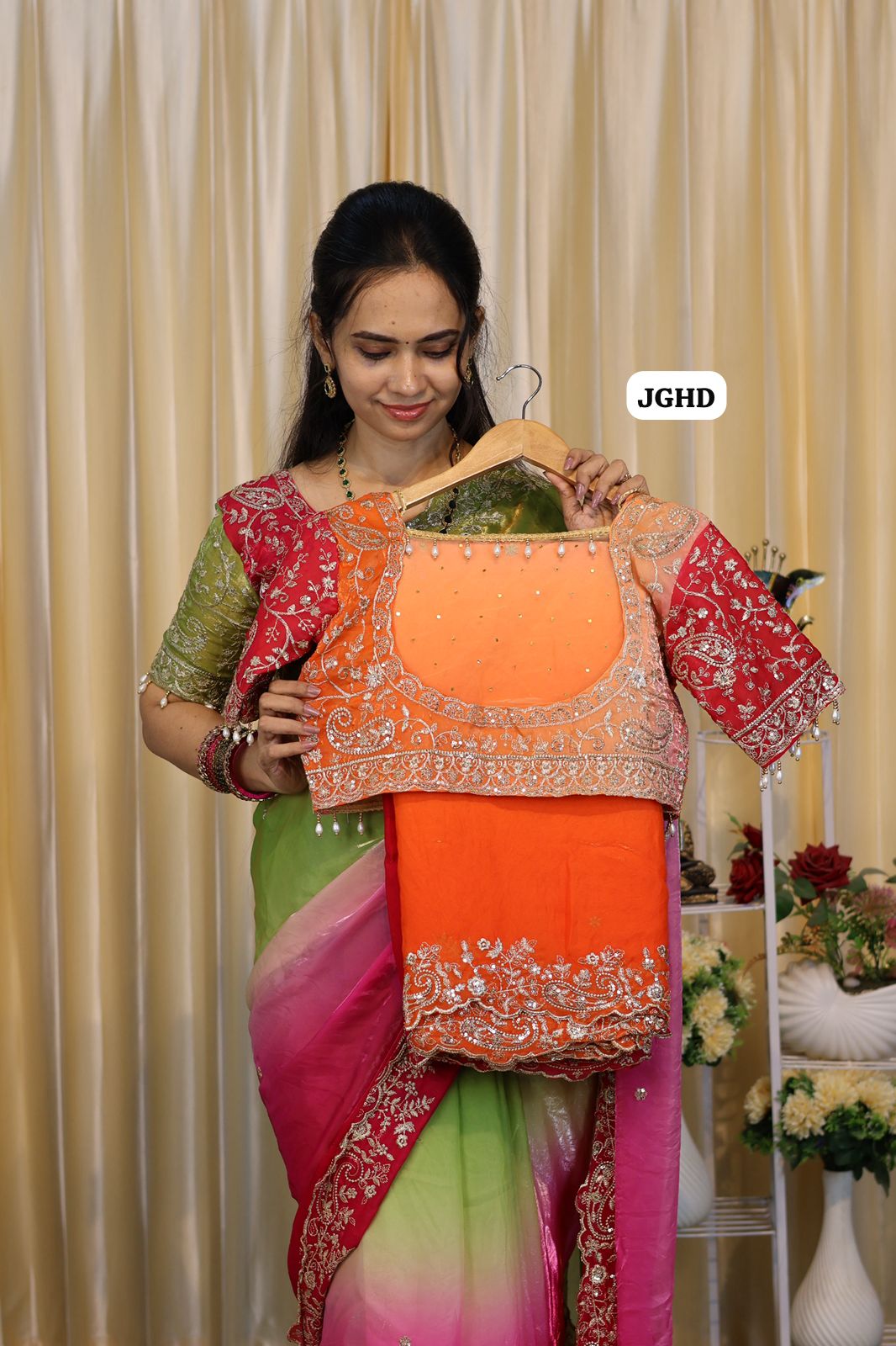 Saree+ stitched blouse Double shade premium space silk saree  Paired with Embrodairy Work Stich Blouse (32-40)Alterable🥳