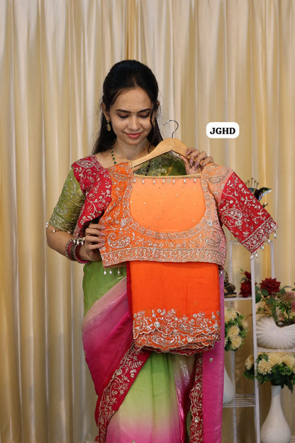 Saree+ stitched blouse Double shade premium space silk saree  Paired with Embrodairy Work Stich Blouse (32-40)Alterable🥳