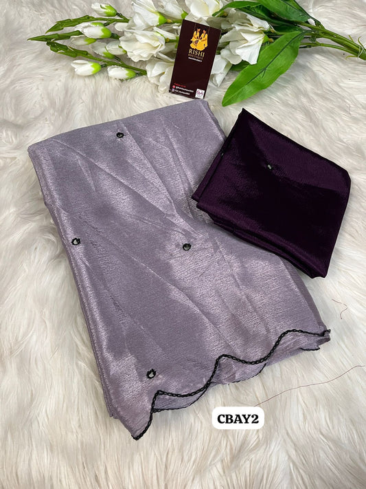 Soft chinnon embroidery & Foil mirror work saree with contrast embroidery border 🥳