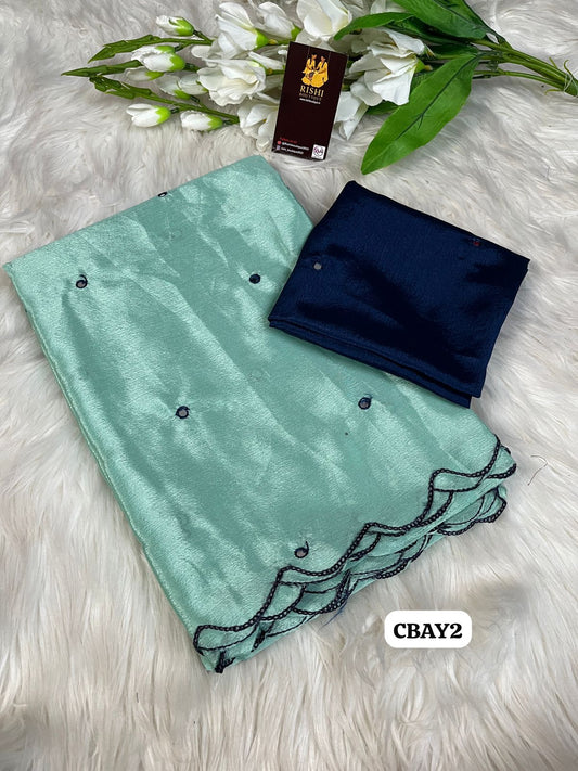 Soft chinnon embroidery & Foil mirror work saree with contrast embroidery border 🥳