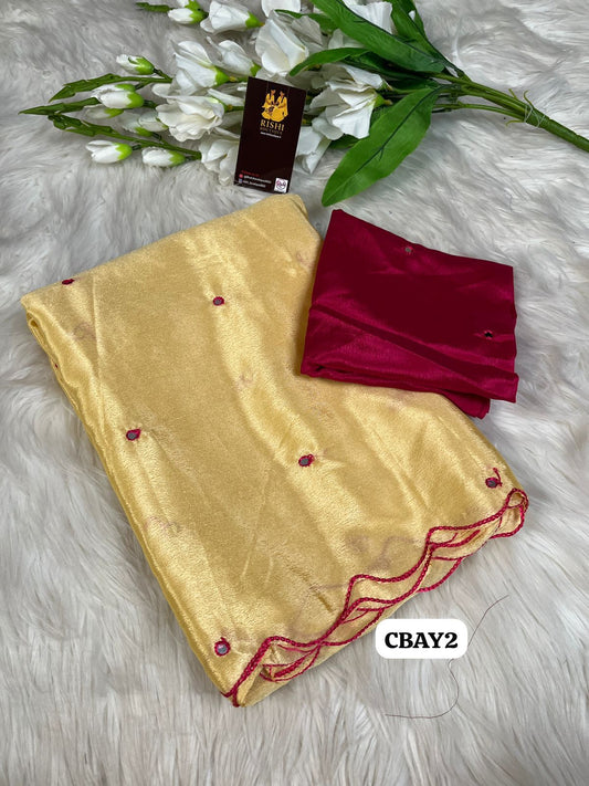 Soft chinnon embroidery & Foil mirror work saree with contrast embroidery border 🥳