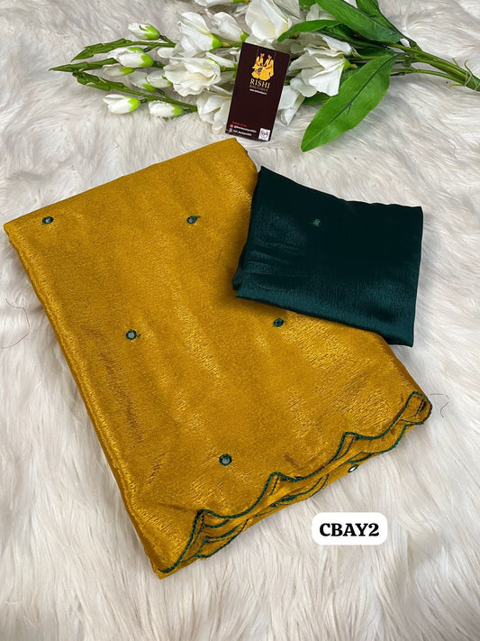 Soft chinnon embroidery & Foil mirror work saree with contrast embroidery border 🥳