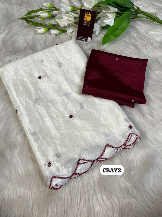 Soft chinnon embroidery & Foil mirror work saree with contrast embroidery border 🥳