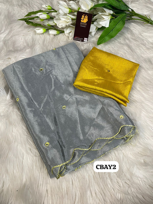 Soft chinnon embroidery & Foil mirror work saree with contrast embroidery border 🥳