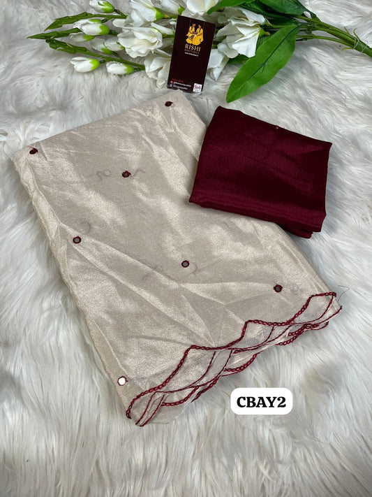 Soft chinnon embroidery & Foil mirror work saree with contrast embroidery border 🥳