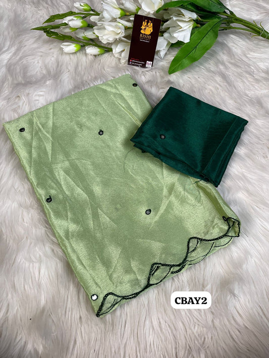 Soft chinnon embroidery & Foil mirror work saree with contrast embroidery border 🥳