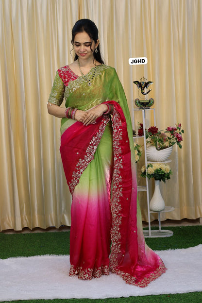 Saree+ stitched blouse Double shade premium space silk saree  Paired with Embrodairy Work Stich Blouse (32-40) alterable🥳