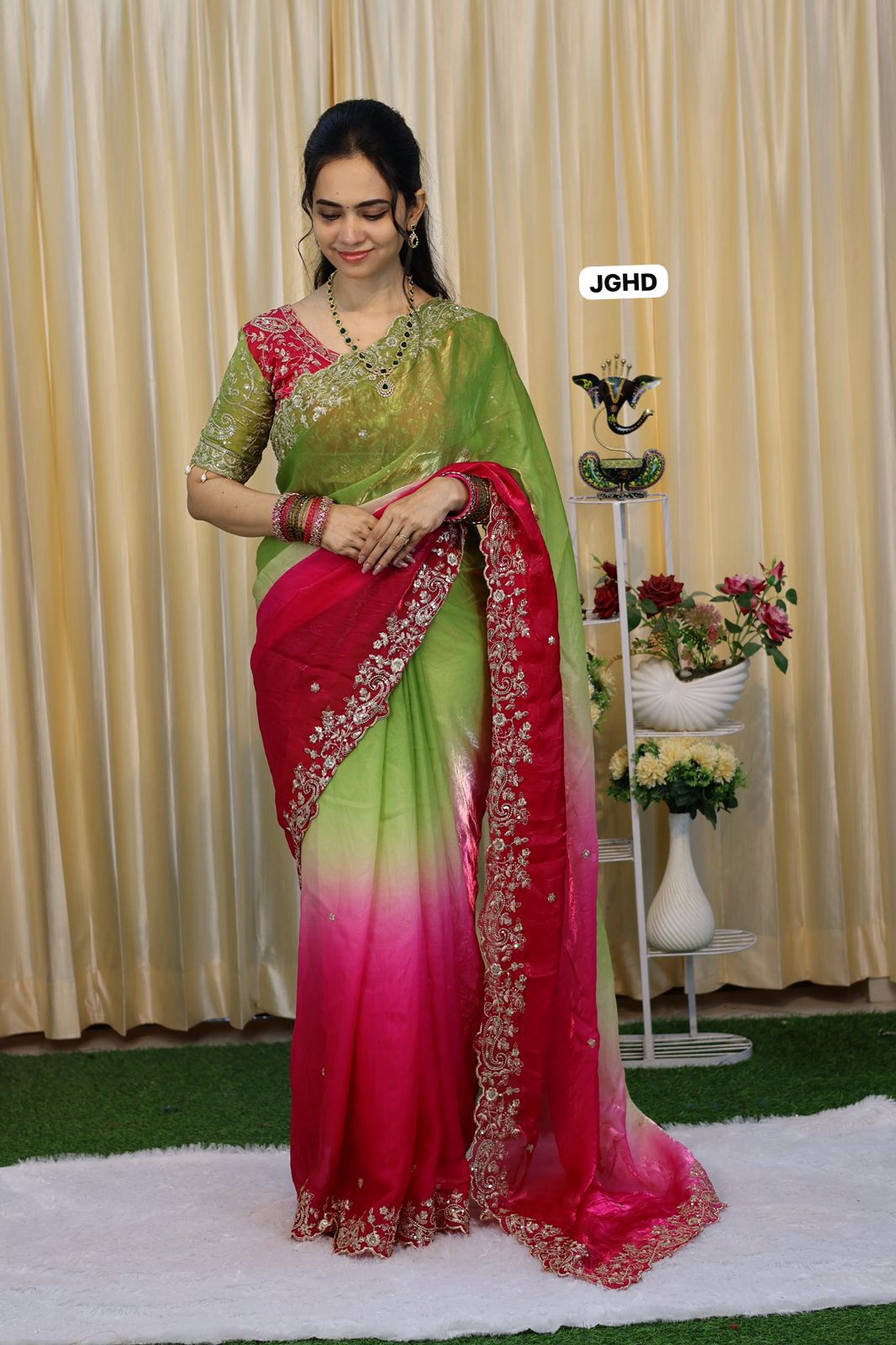 Saree+ stitched blouse Double shade premium space silk saree  Paired with Embrodairy Work Stich Blouse (32-40) alterable🥳