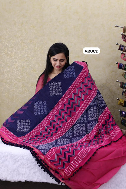 Crystal cotton with Pom Pom lace saree Ⓜ️