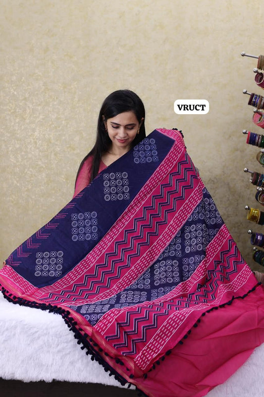 Crystal cotton with Pom Pom lace saree Ⓜ️