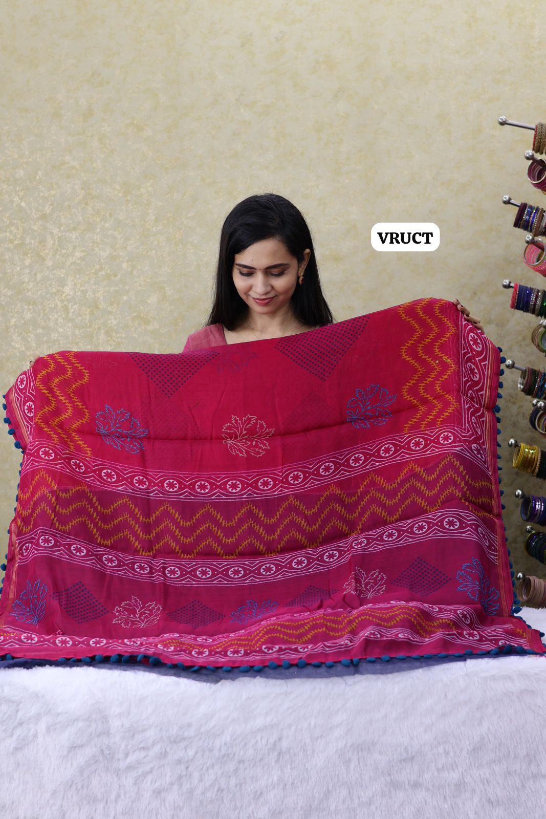 Crystal cotton with Pom Pom lace saree Ⓜ️