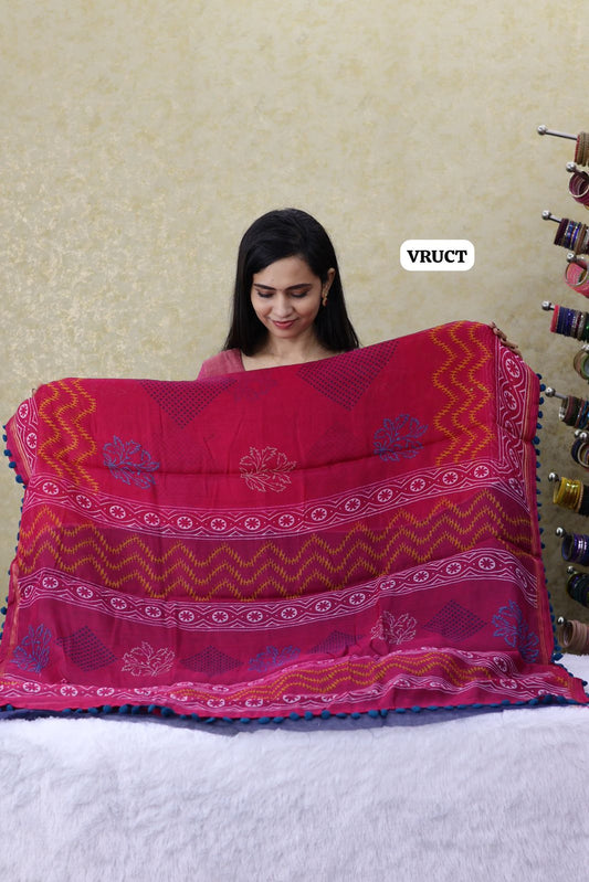 Crystal cotton with Pom Pom lace saree Ⓜ️