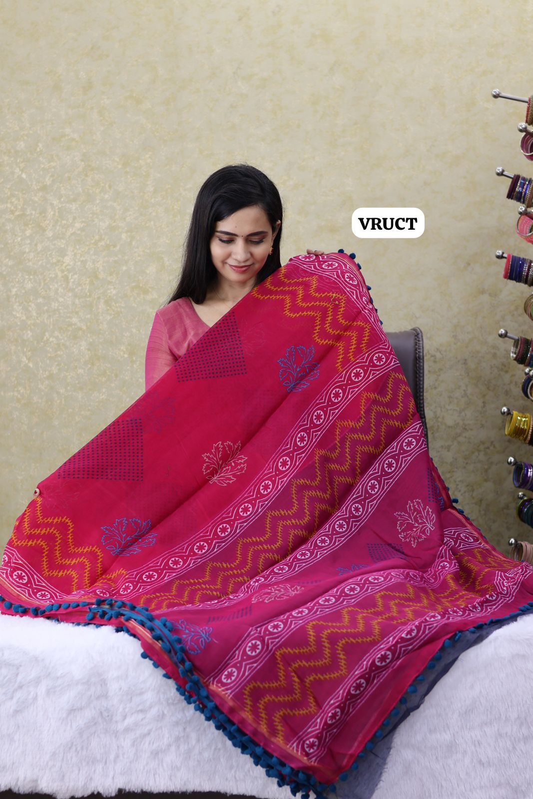 Crystal cotton with Pom Pom lace saree Ⓜ️