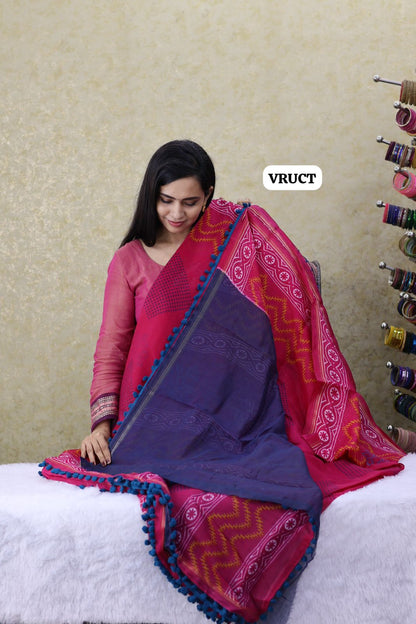 Crystal cotton with Pom Pom lace saree Ⓜ️