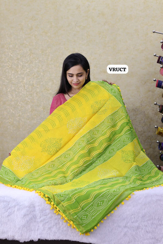 Crystal cotton with Pom Pom lace saree Ⓜ️