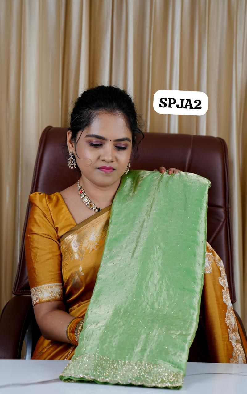 Premium space silk sarees with real jarkhan diamond work🍏📍🥳Elaichi green