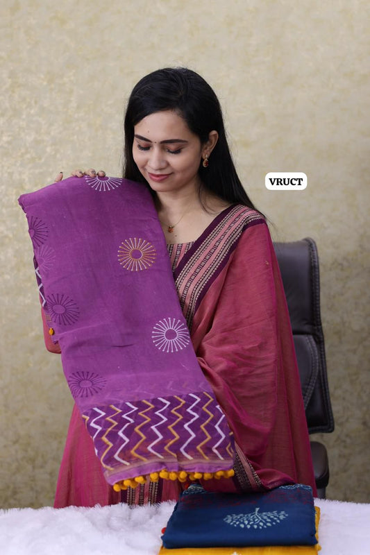 Crystal cotton with Pom Pom lace saree Ⓜ️