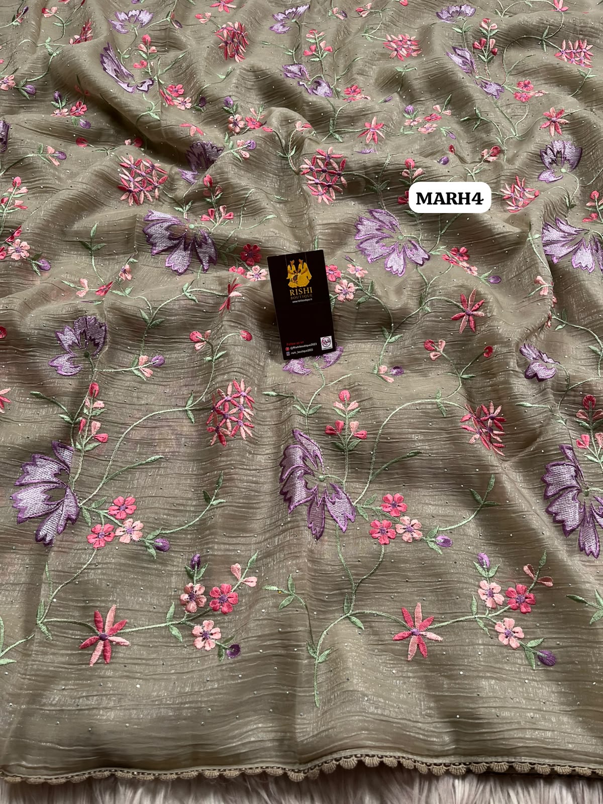 Crunchy crush with fancy floral design embroidery saree🥳