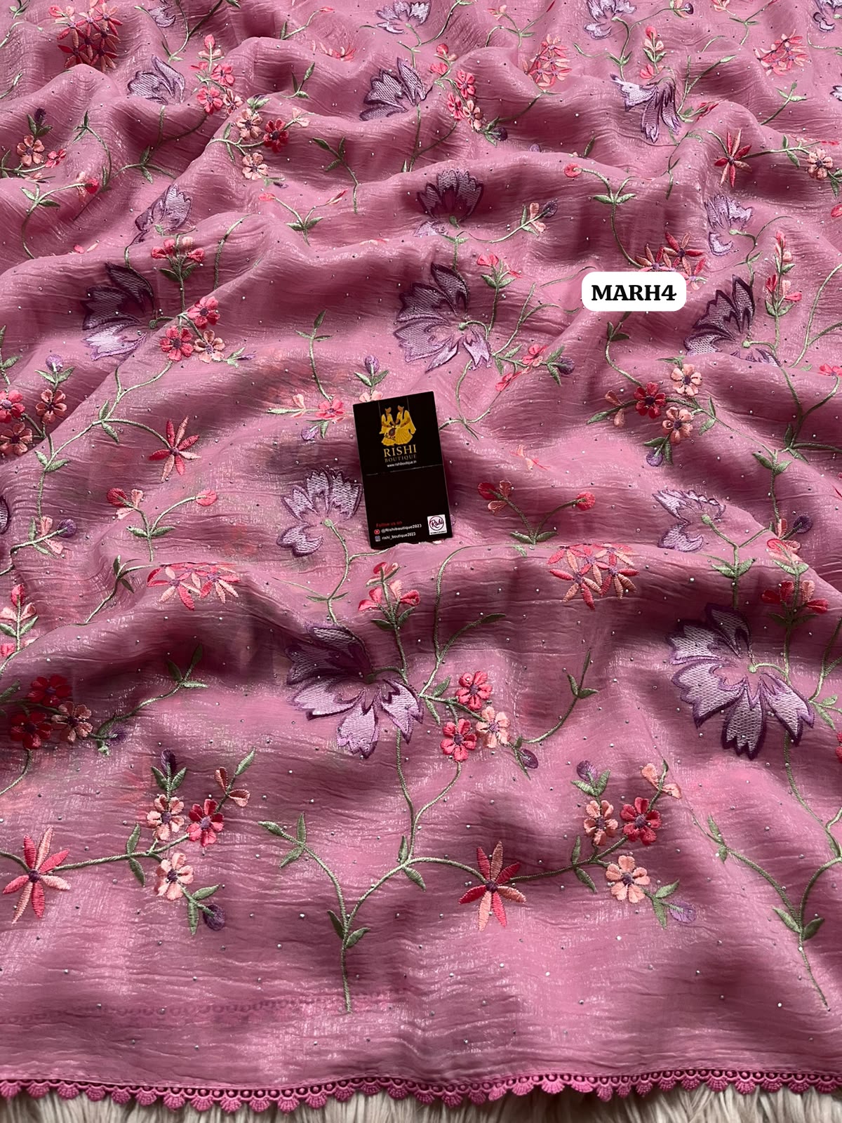 Crunchy crush with fancy floral design embroidery saree🥳