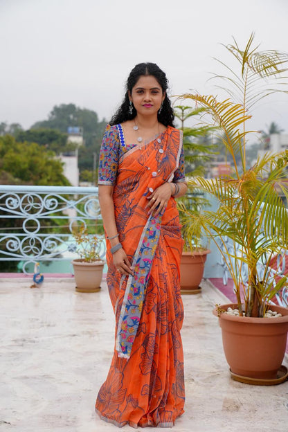 Printed semi cotton peach colour saree with line design. Same blouse as in picture🥳